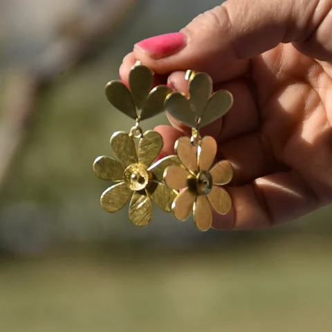 Gold Six Petalled Flower Dangle Earrings