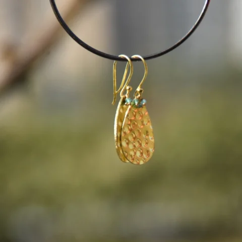 Gold Teardrop Green Accented Earrings