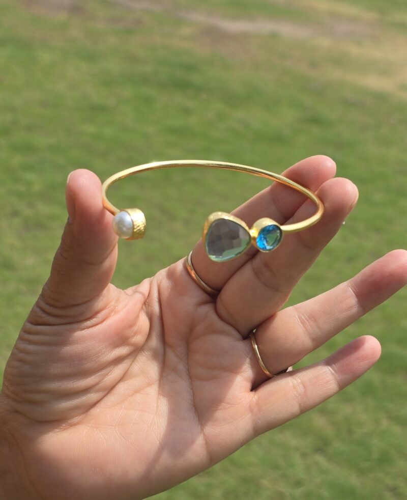 Pearl Stone Cuff Brass Bracelet- Sky Blue - Image 2