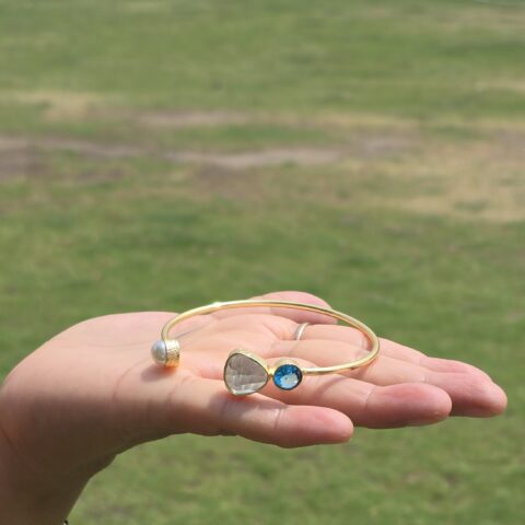 Pearl Stone Cuff Brass Bracelet- Sky Blue
