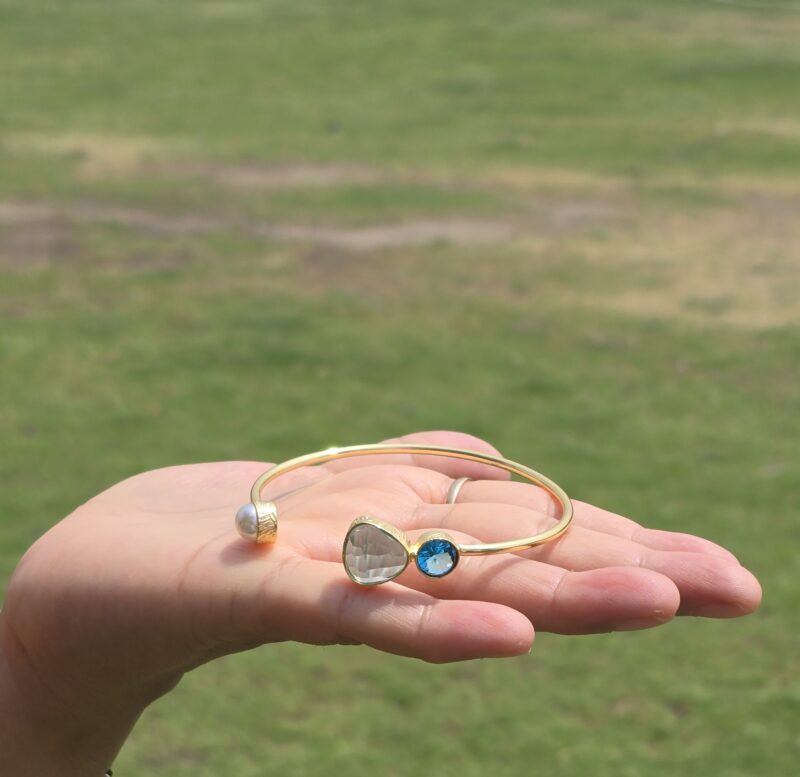 Pearl Stone Cuff Brass Bracelet- Sky Blue