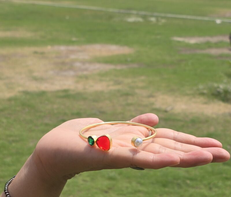 Pearl Stone Cuff Brass Bracelet- Red & Green - Image 2